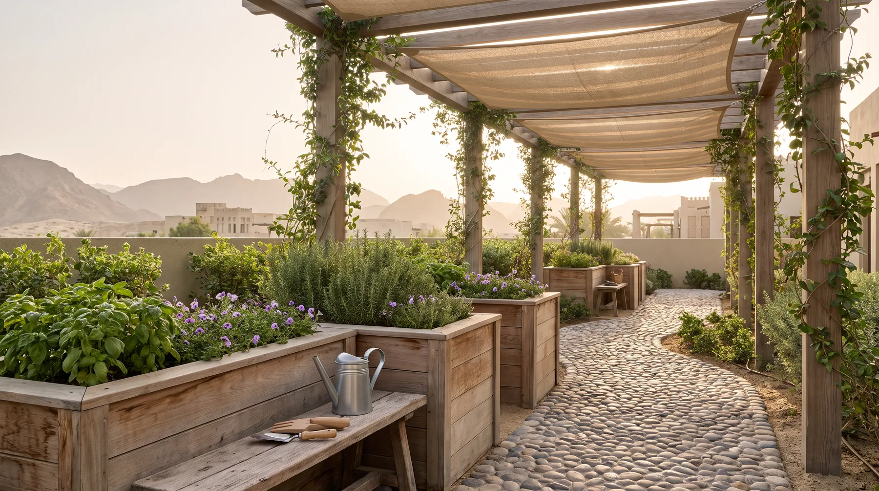 A garden-inspired Montessori learning environment with child-height planters and sensory paths
